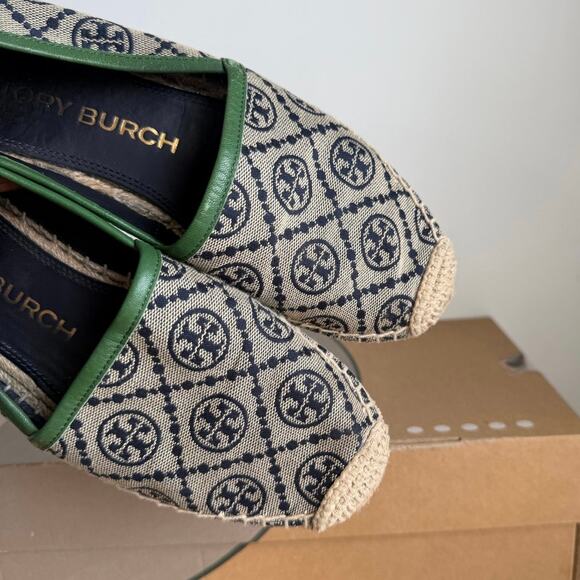 Tory Burch T Monogram Navy Blue/Green Espadrilles Women Flats - W 7.5 - Picture 11 of 13